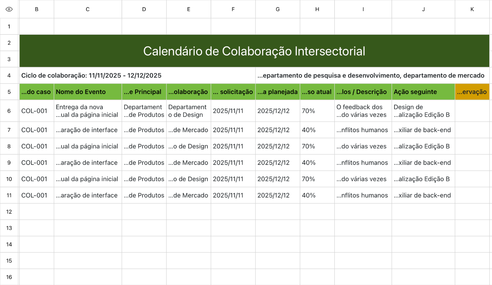 Calendário de Colaboração Intersectorial
